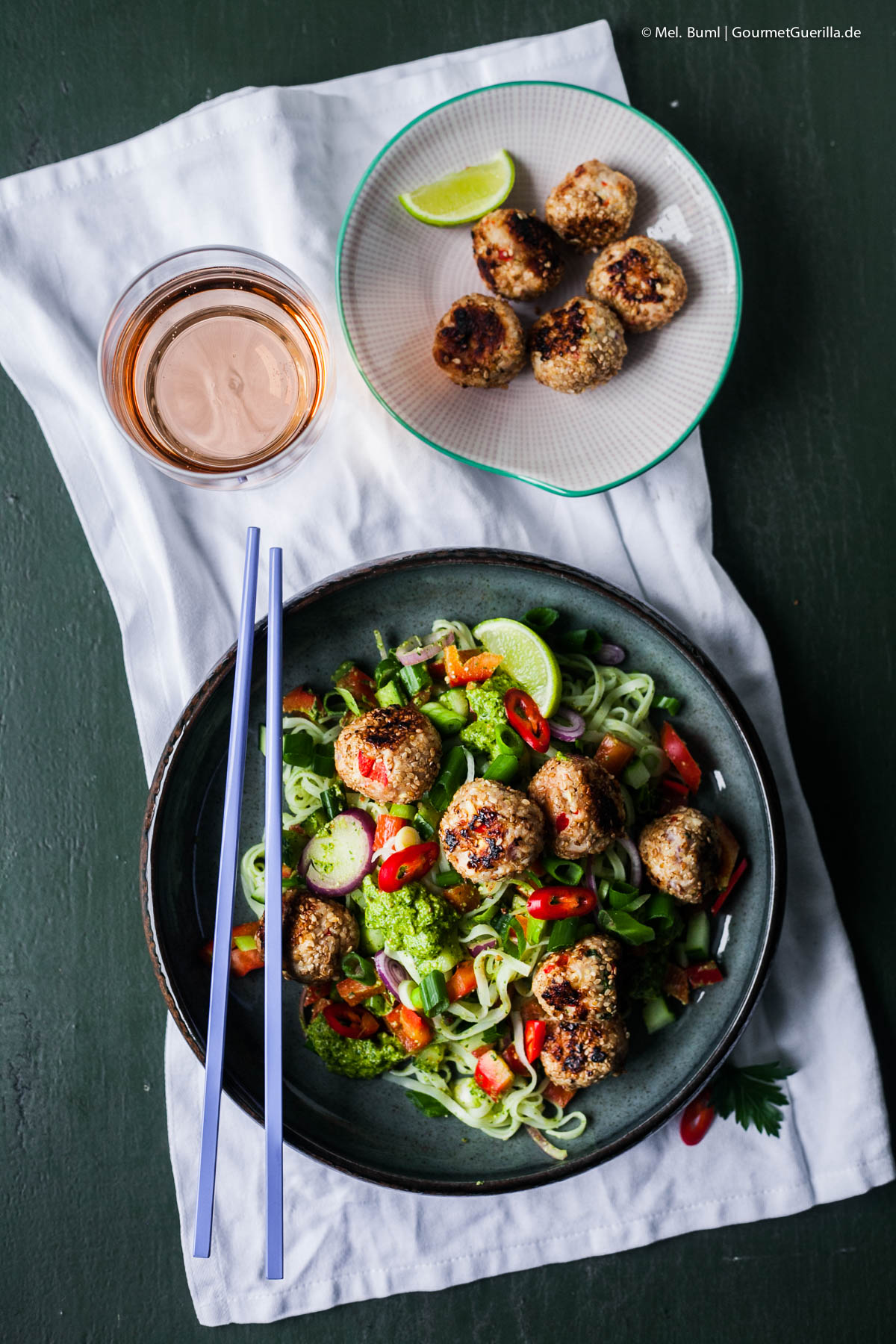 Summer rice noodle salad with Asia pesto and poultry chopping balls | GourmetGuerilla.com