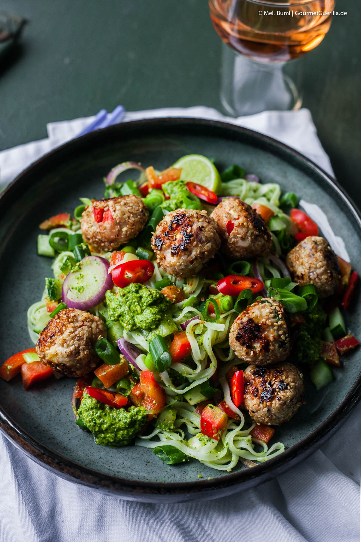  Summery rice noodle salad with Asian pesto and poultry chopping balls | GourmetGuerilla.com 